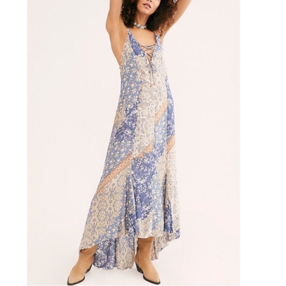 Free People Work Of Art Maxi Slip Dress V Neck Hi Lo Hem Floral Blue Cream M NWT - Picture 10 of 16